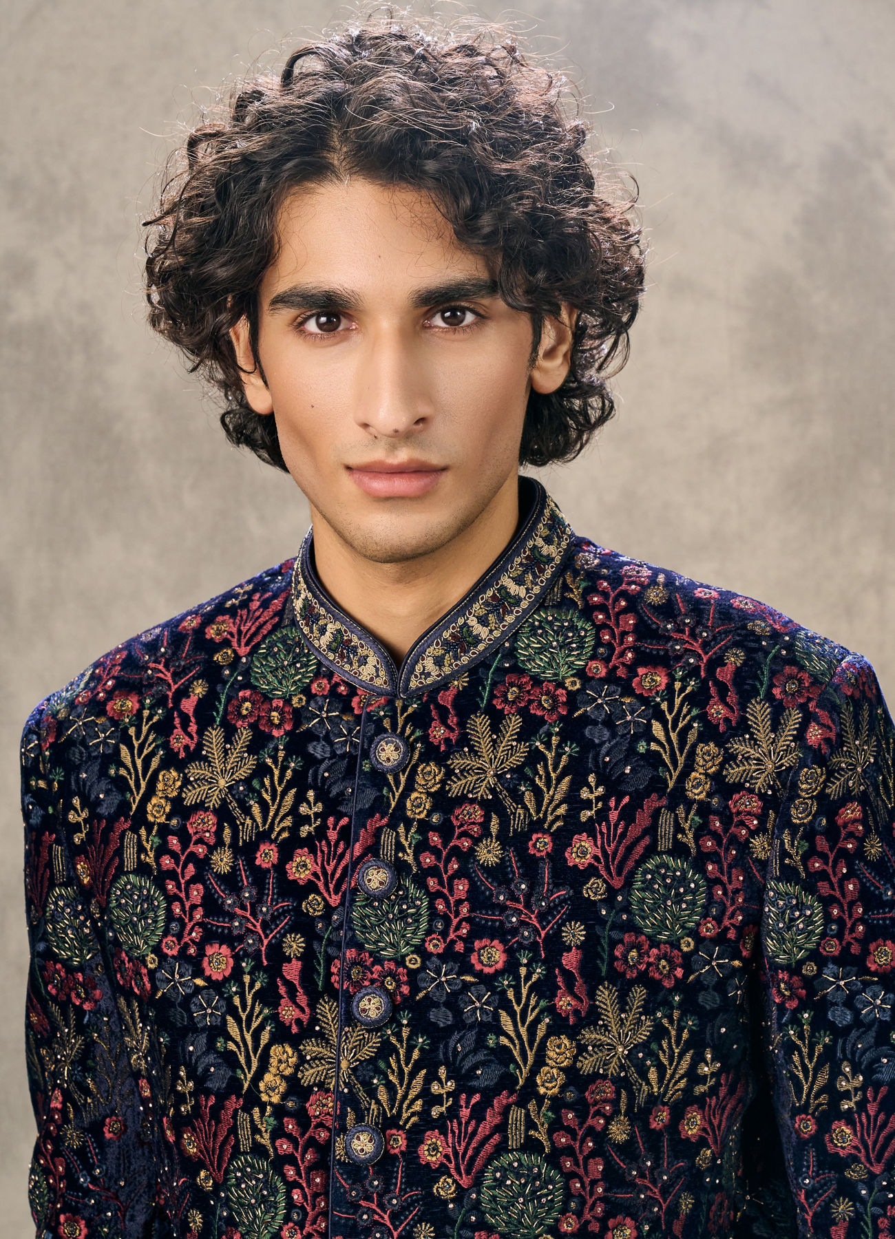 Twamev Men Royal Velvet Emblazoned Blue Indo Western