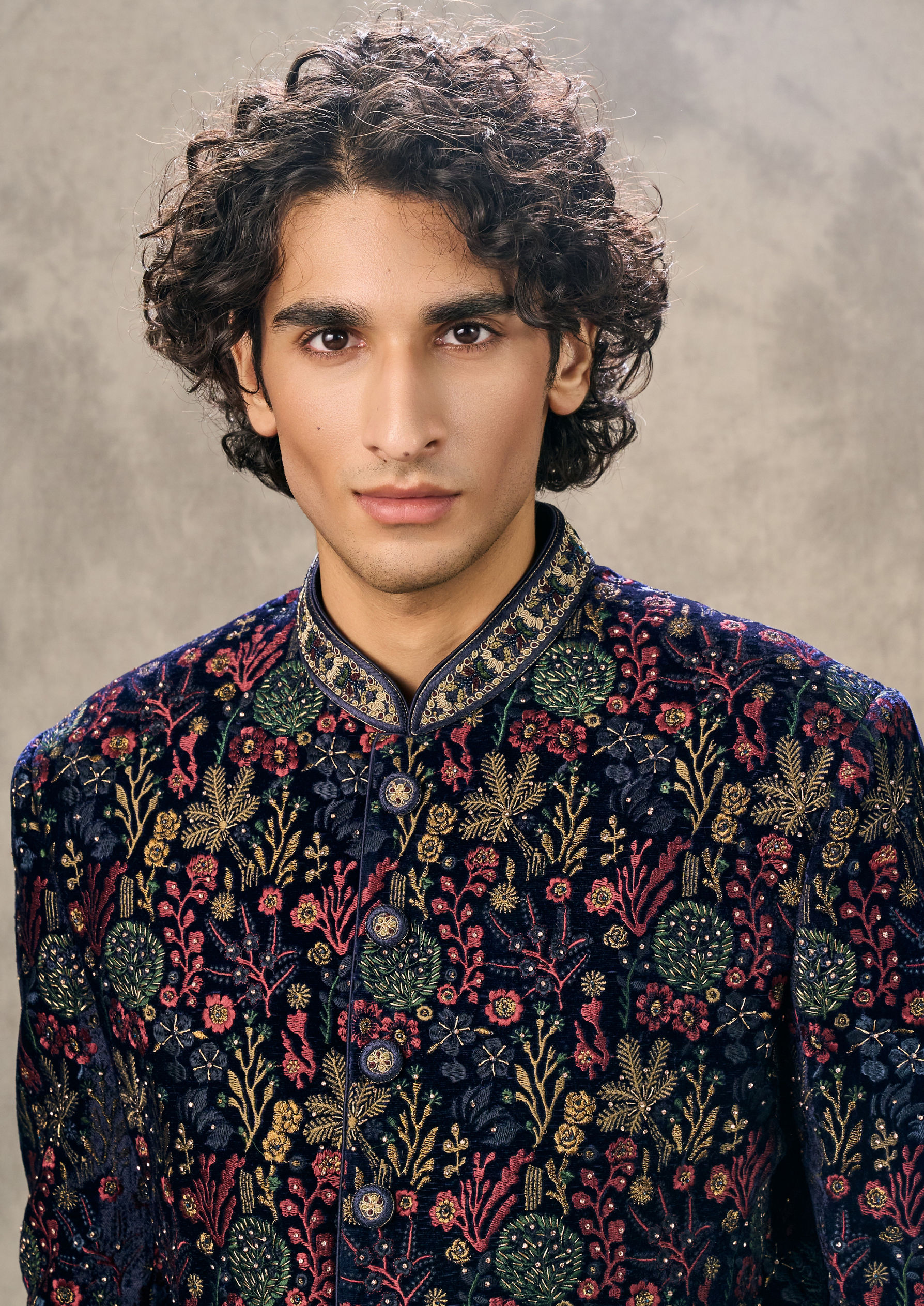 Twamev Men Royal Velvet Emblazoned Blue Indo Western