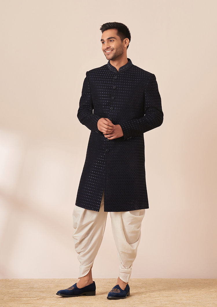 Twamev Men Dark Blue Sequins Embroidered Indo Western