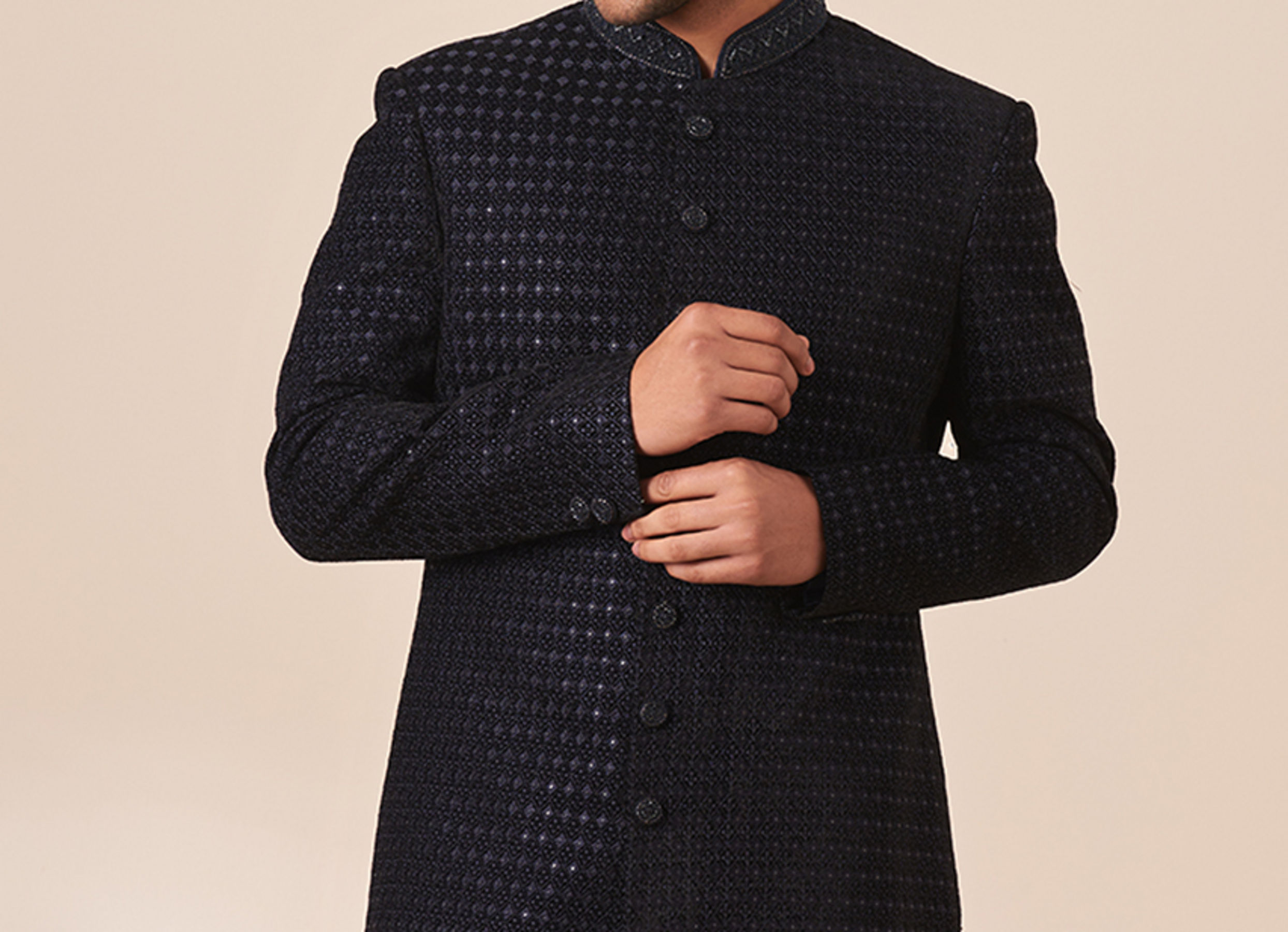 Twamev Men Dark Blue Sequins Embroidered Indo Western