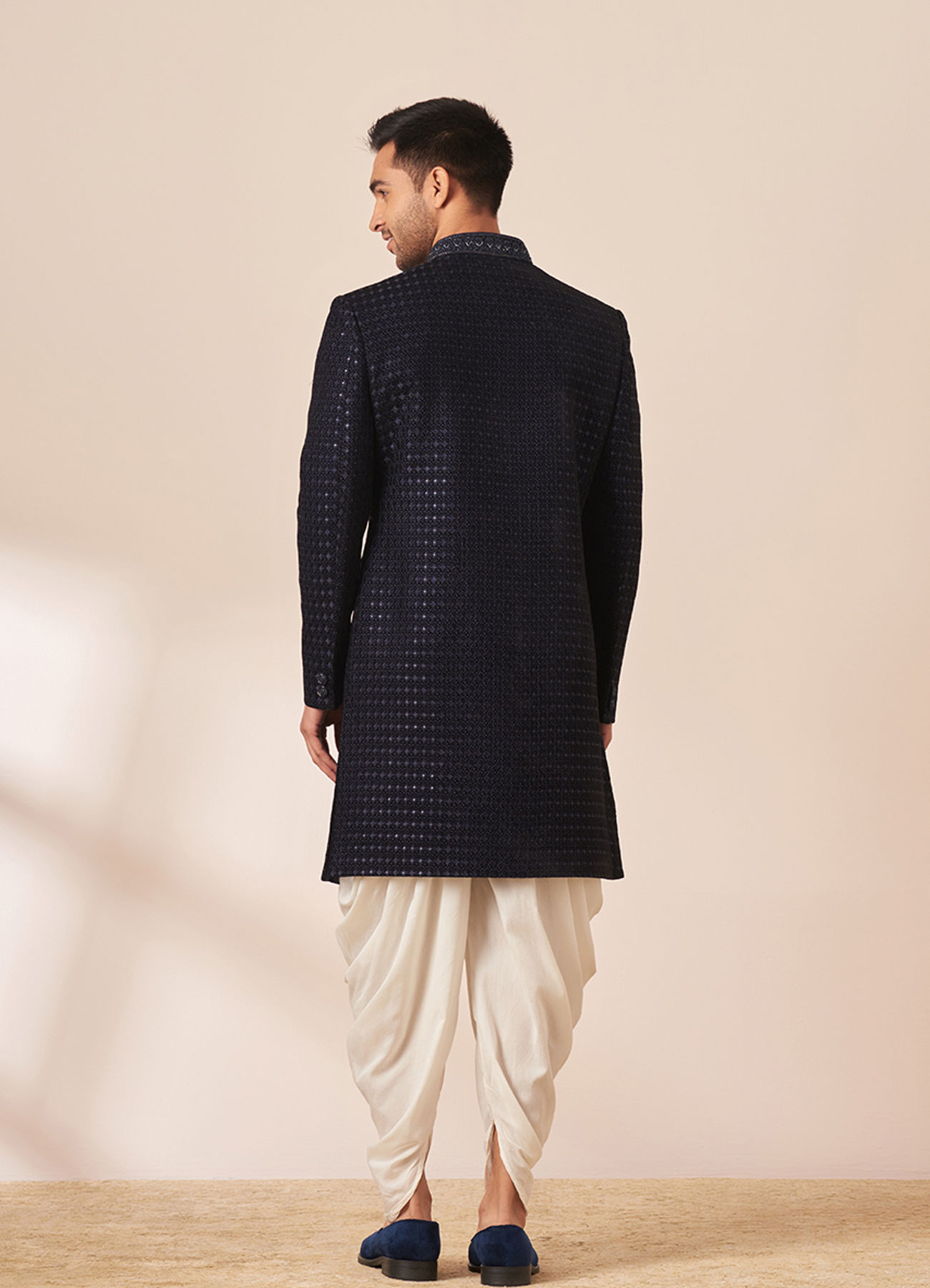 Twamev Men Dark Blue Sequins Embroidered Indo Western