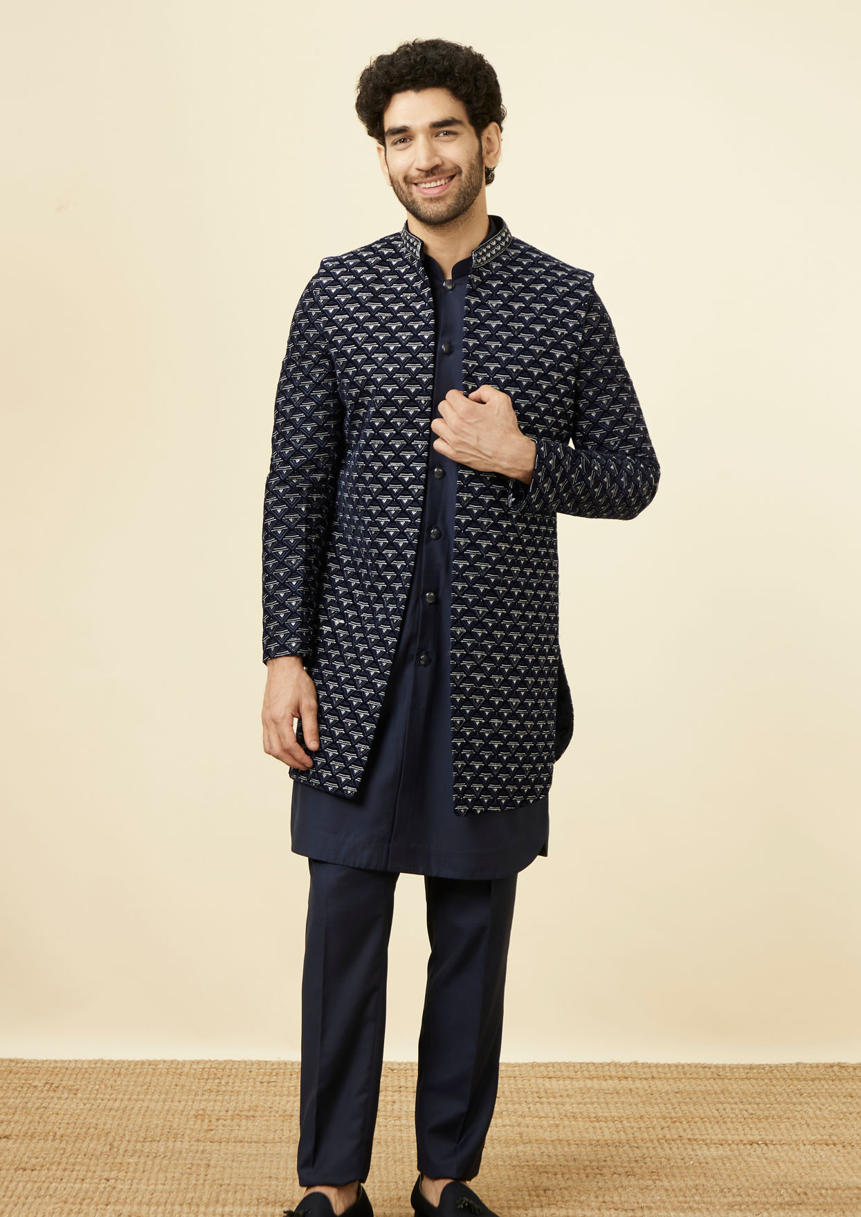 alt message - Twamev Men Dark Blue Extravaganza Indo Western Set image number 3