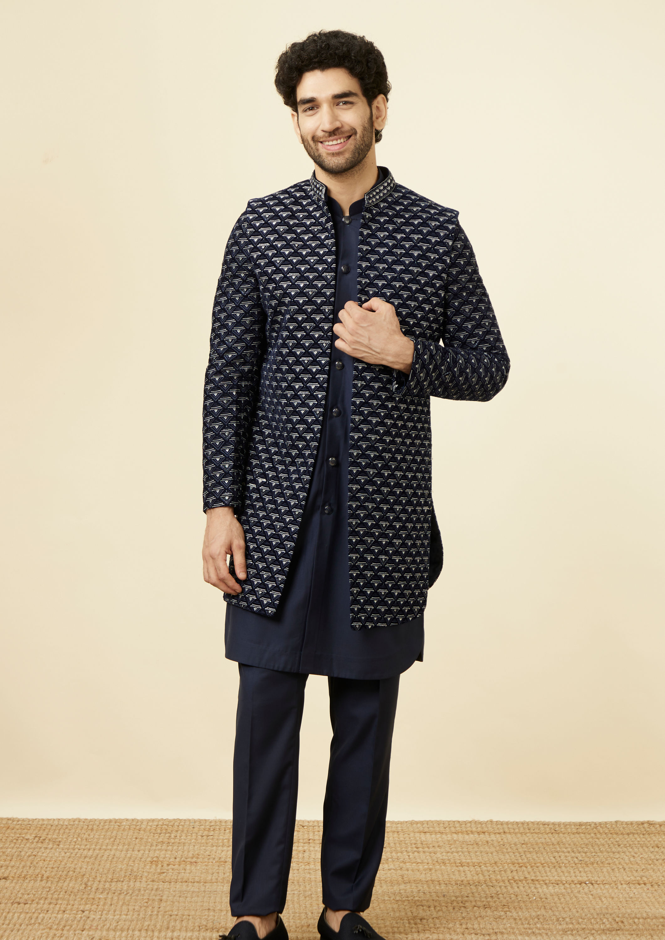 Twamev Men Dark Blue Extravaganza Indo Western Set