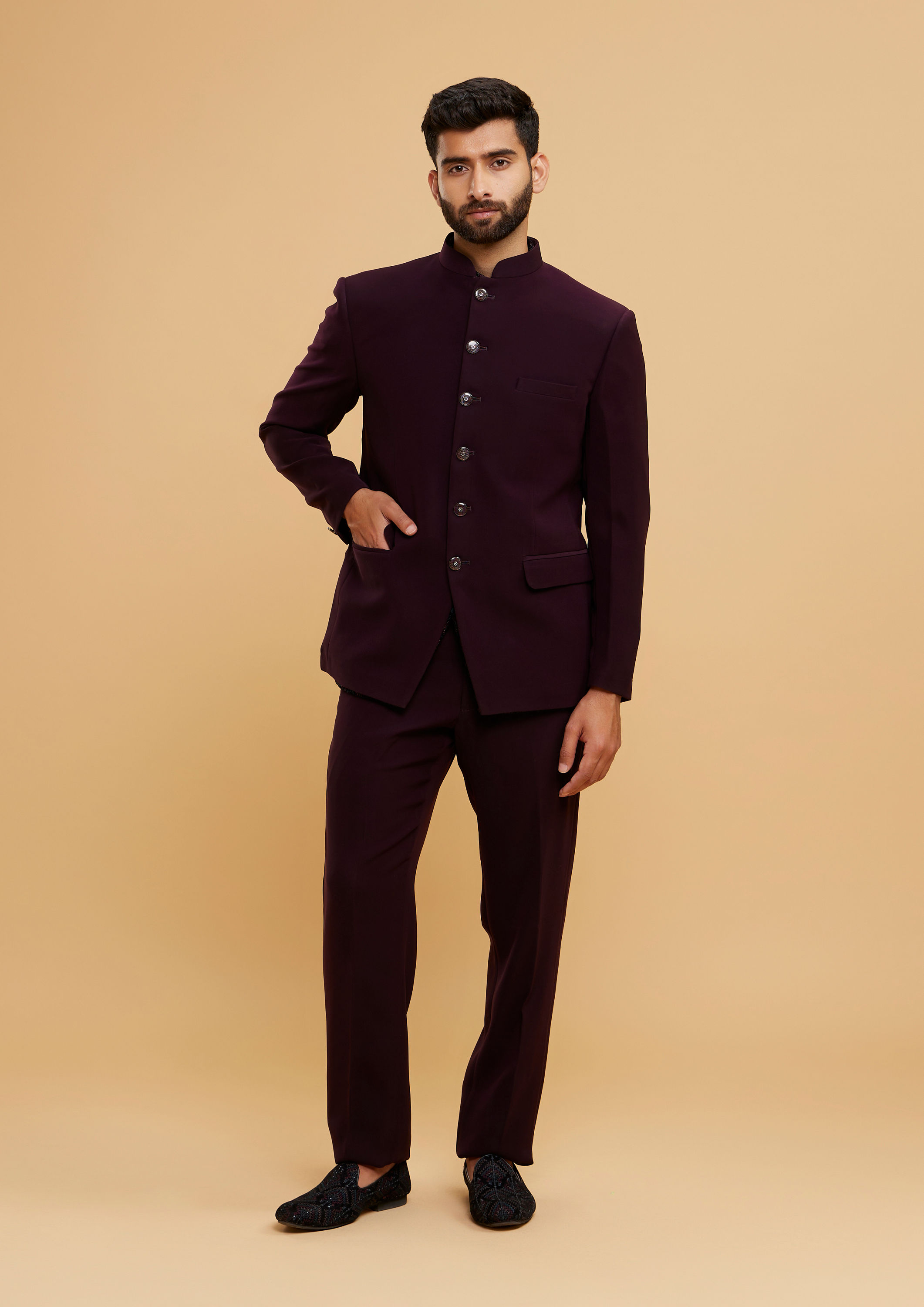 Twamev Men Velvety Wine Jodhpuri Set