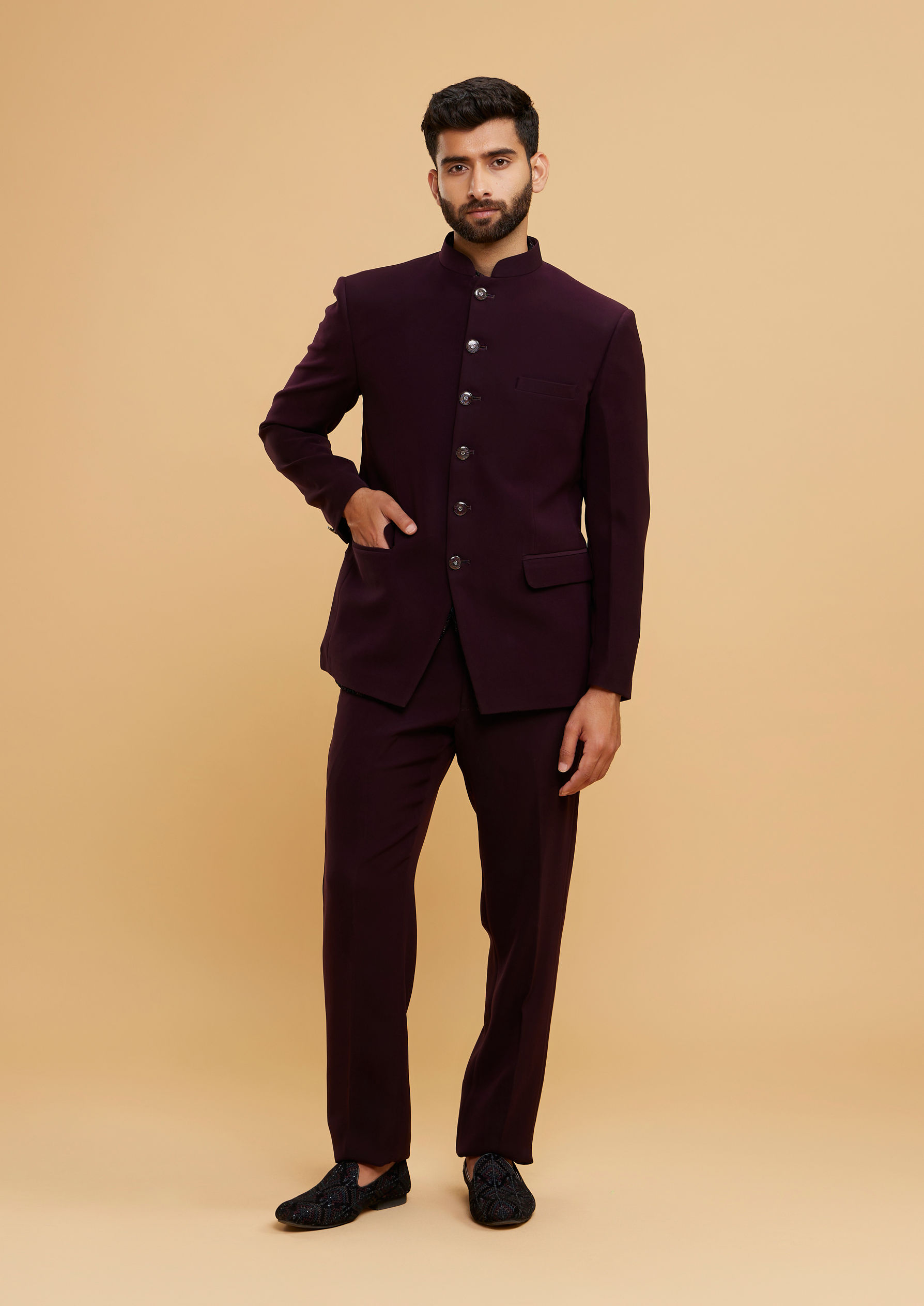 Twamev Men Velvety Wine Jodhpuri Set