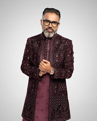 Twamev Men Wine Red Sherwani Set with Geometric Patterns and Rhinestones