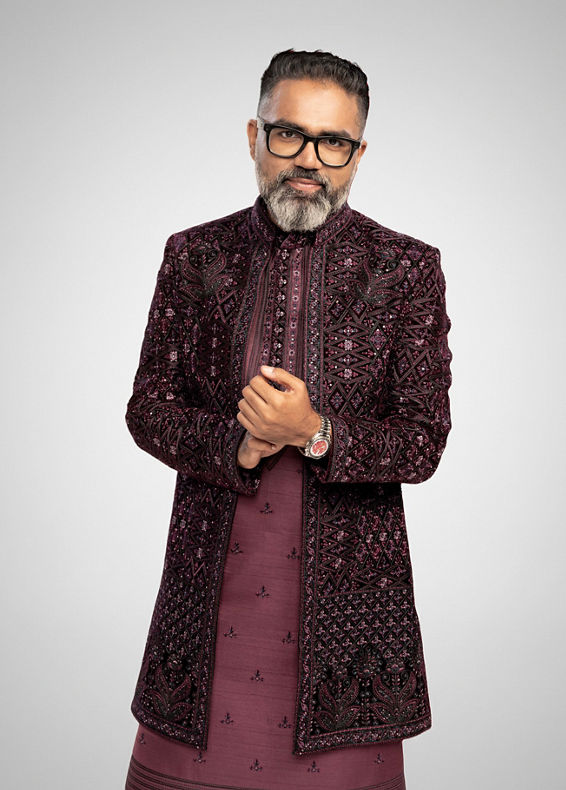 Twamev Men Wine Red Sherwani Set with Geometric Patterns and Rhinestones