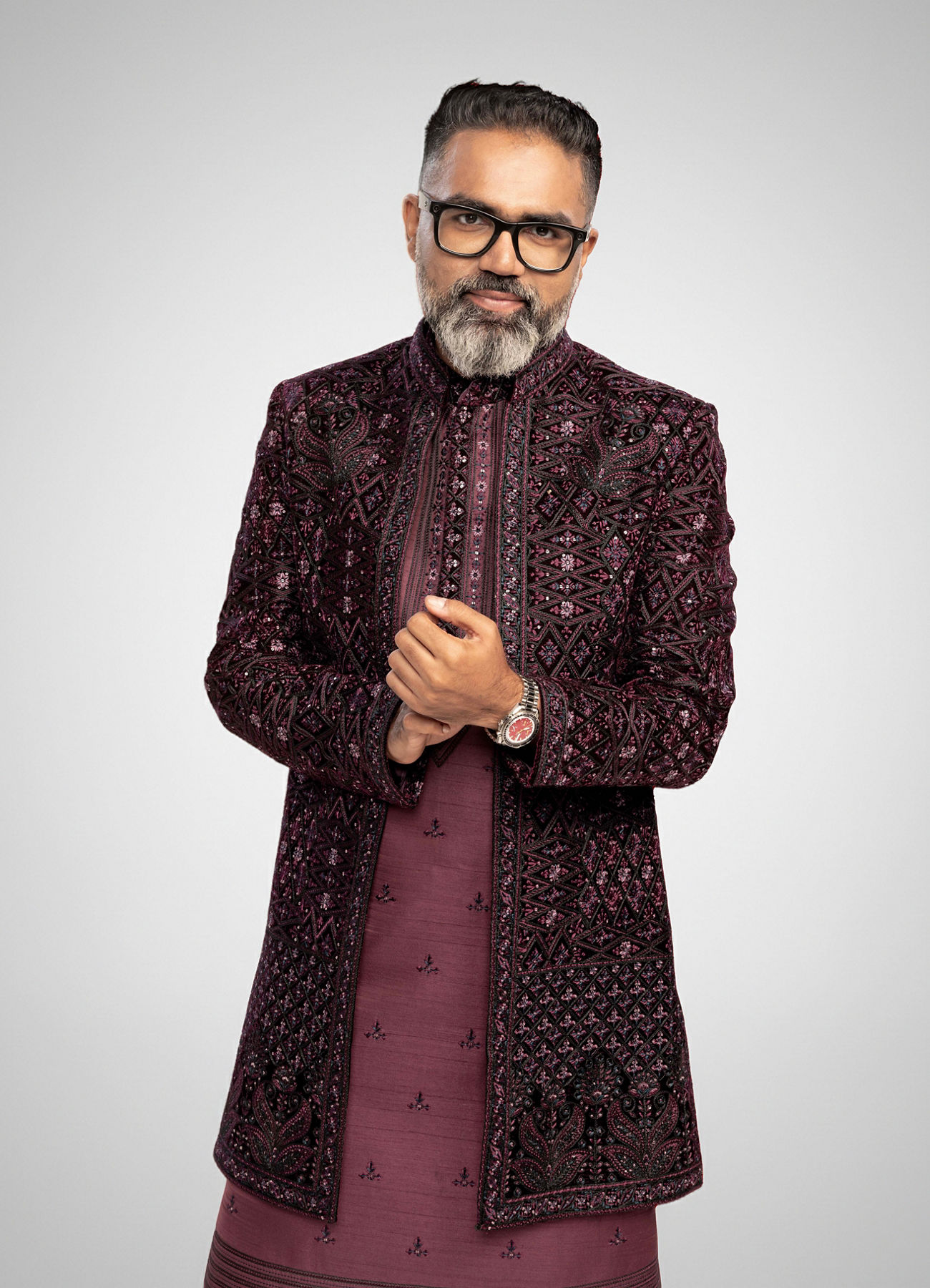 Twamev Men Wine Red Sherwani Set with Geometric Patterns and Rhinestones