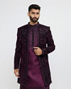 Wine Red Sherwani Set with Geometric Patterns and Rhinestones