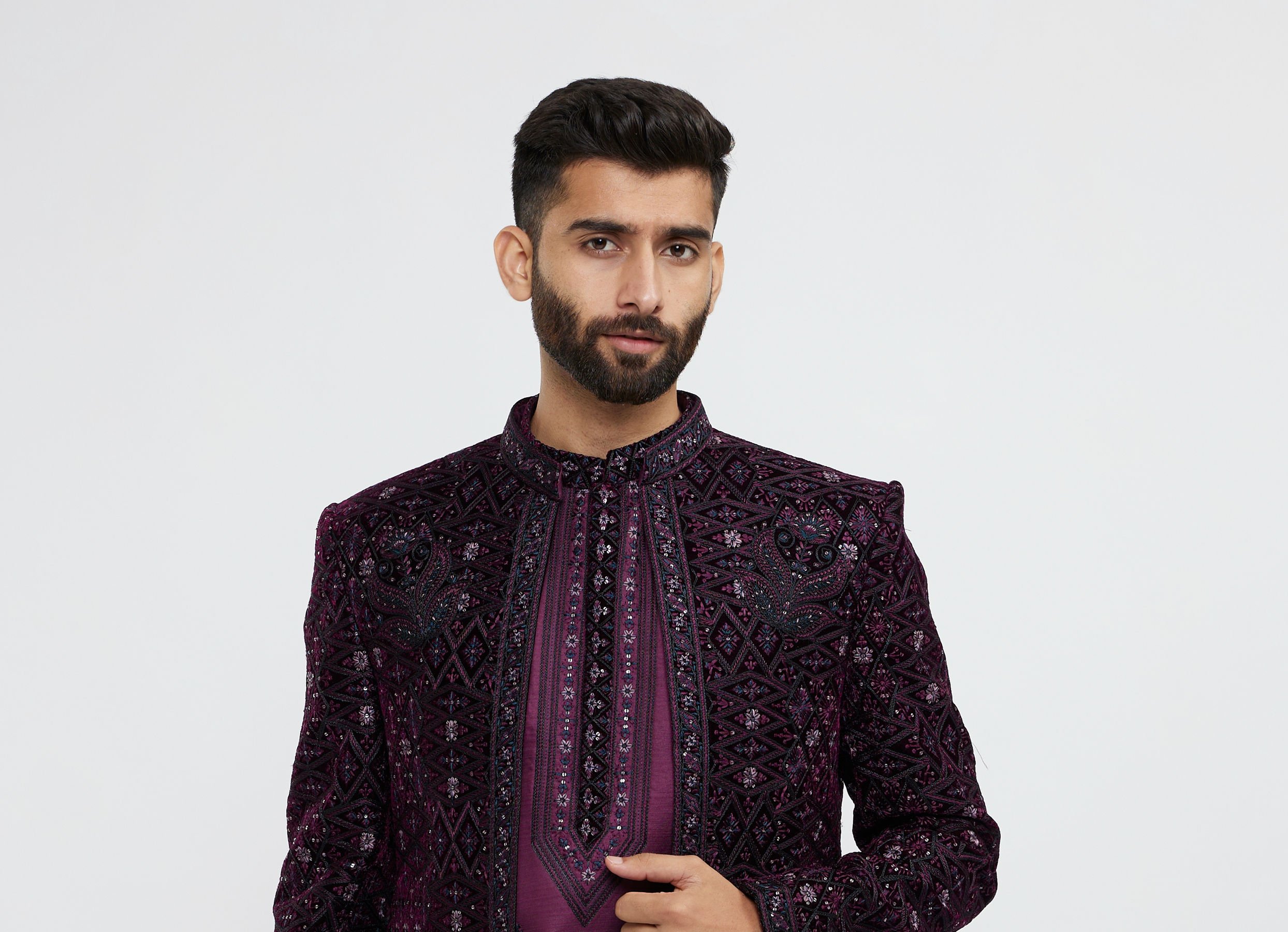 Twamev Men Wine Red Sherwani Set with Geometric Patterns and Rhinestones