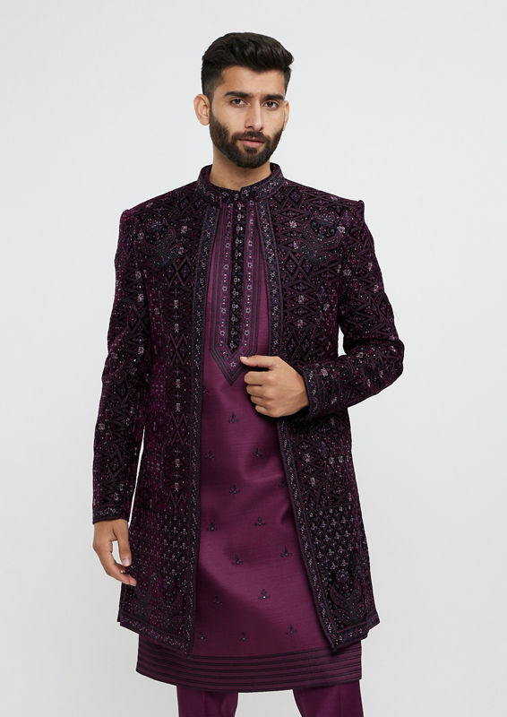 alt message - Twamev Men Wine Red Sherwani Set with Geometric Patterns and Rhinestones image number 0