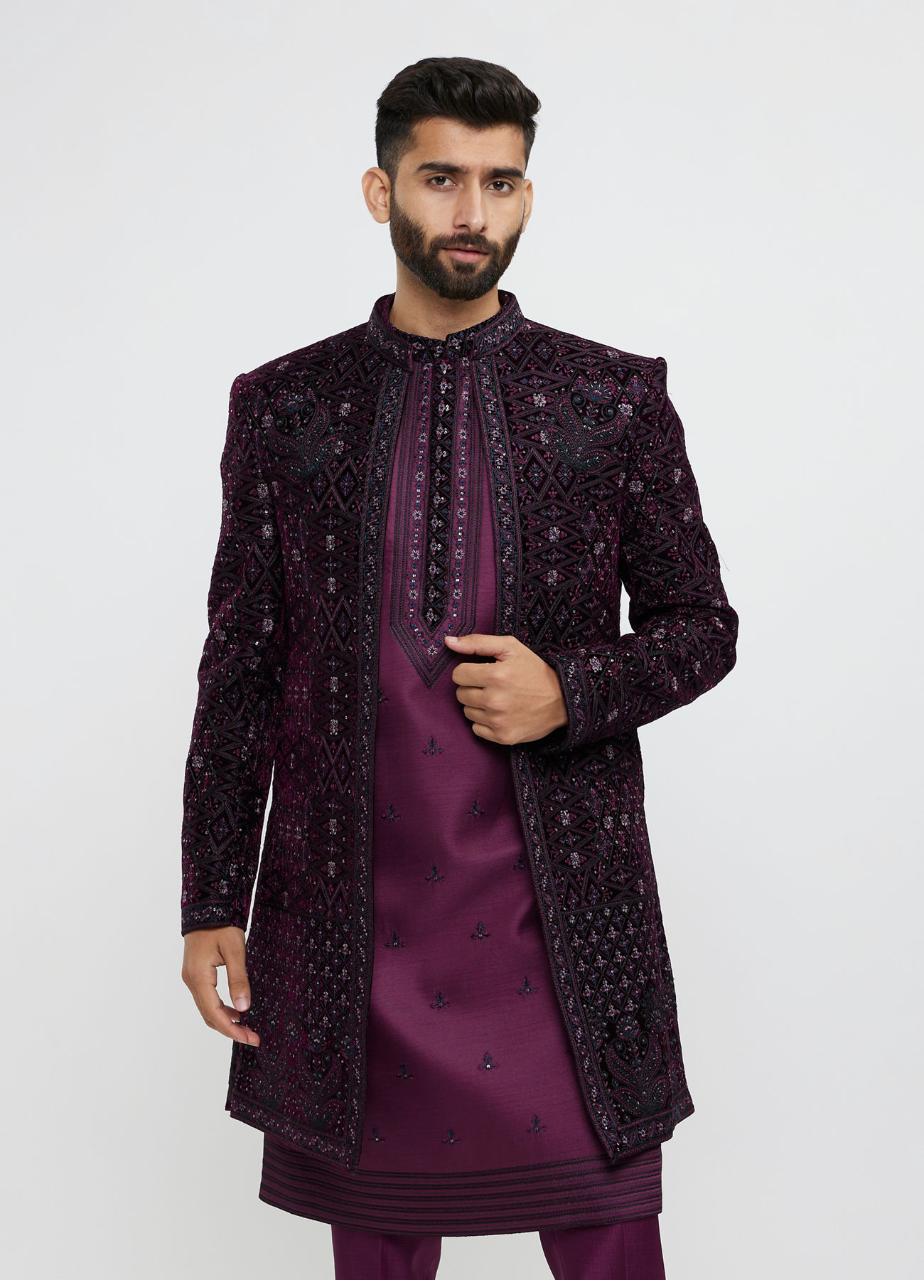 Twamev Men Wine Red Sherwani Set with Geometric Patterns and Rhinestones
