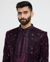 Twamev Men Wine Red Sherwani Set with Geometric Patterns and Rhinestones