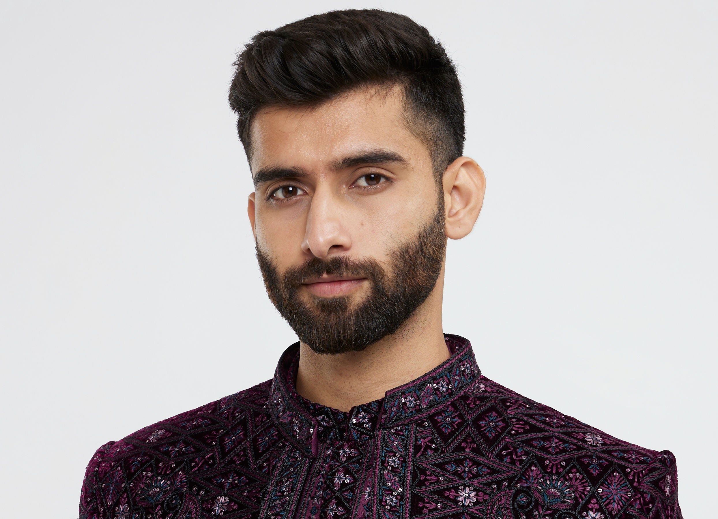 Twamev Men Wine Red Sherwani Set with Geometric Patterns and Rhinestones