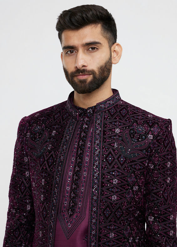 Twamev Men Wine Red Sherwani Set with Geometric Patterns and Rhinestones