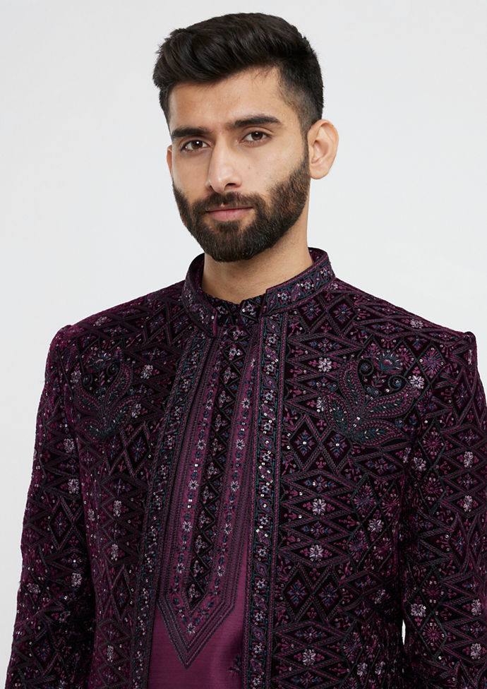 alt message - Twamev Men Wine Red Sherwani Set with Geometric Patterns and Rhinestones image number 1