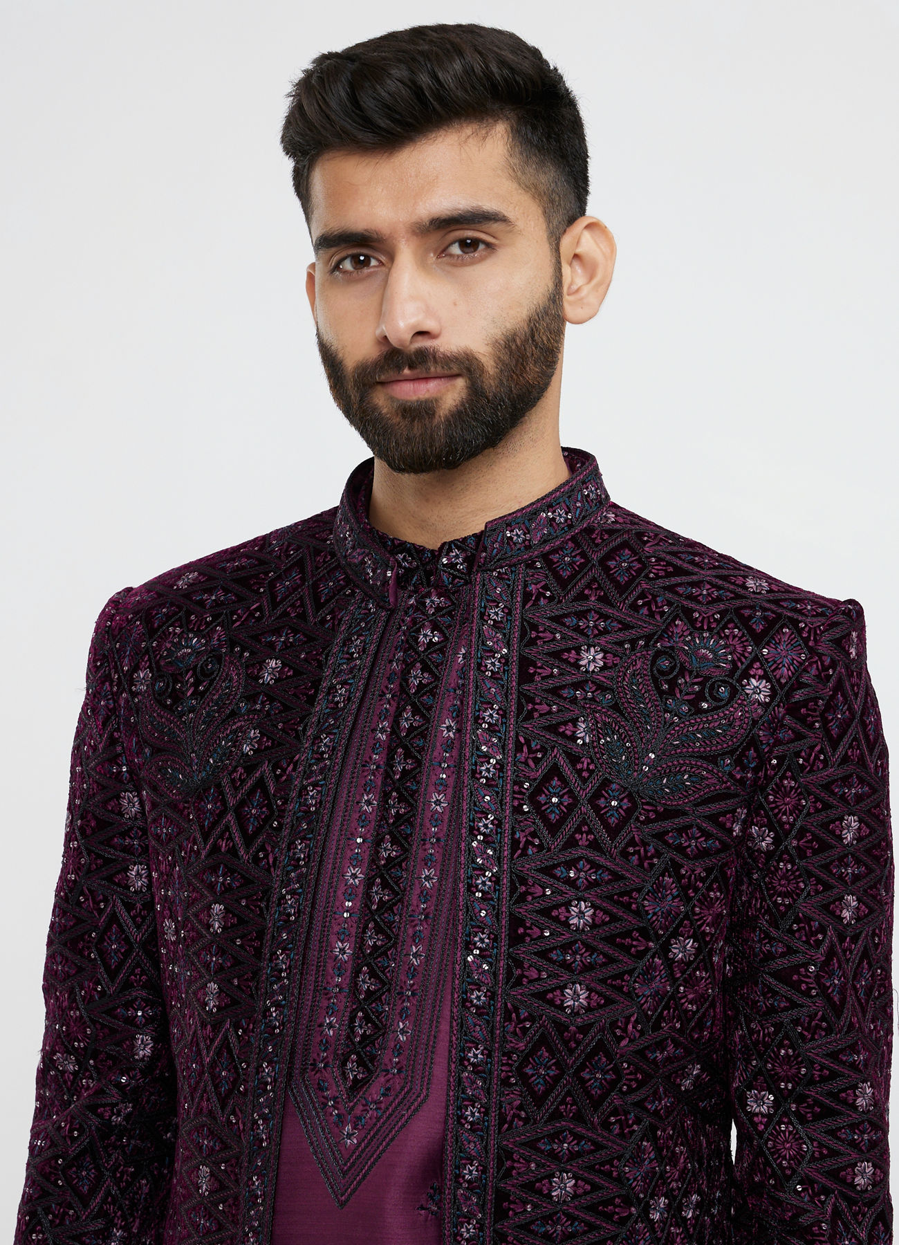 Twamev Men Wine Red Sherwani Set with Geometric Patterns and Rhinestones
