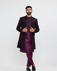 Twamev Men Wine Red Sherwani Set with Geometric Patterns and Rhinestones
