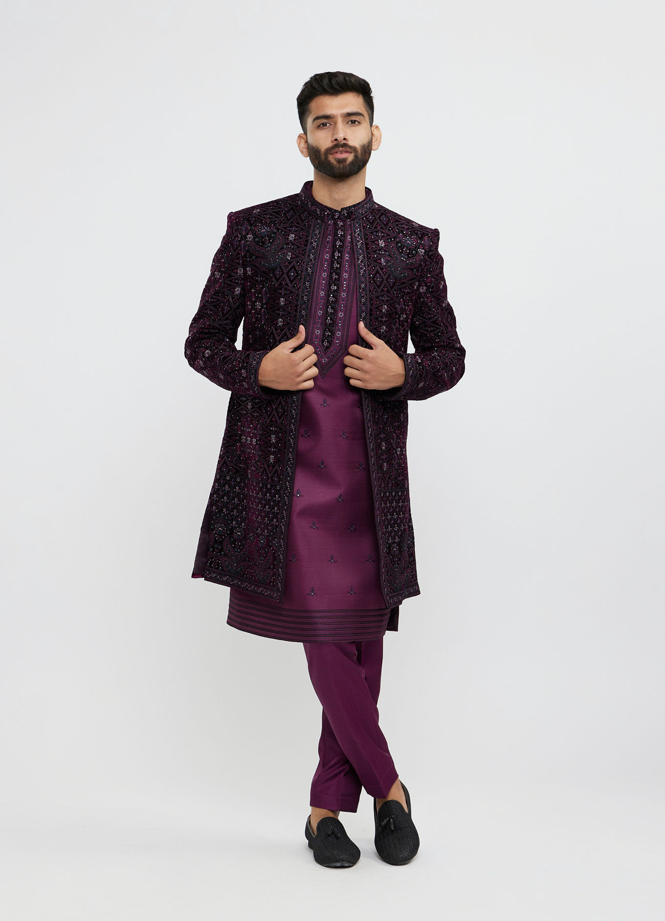 Twamev Men Wine Red Sherwani Set with Geometric Patterns and Rhinestones