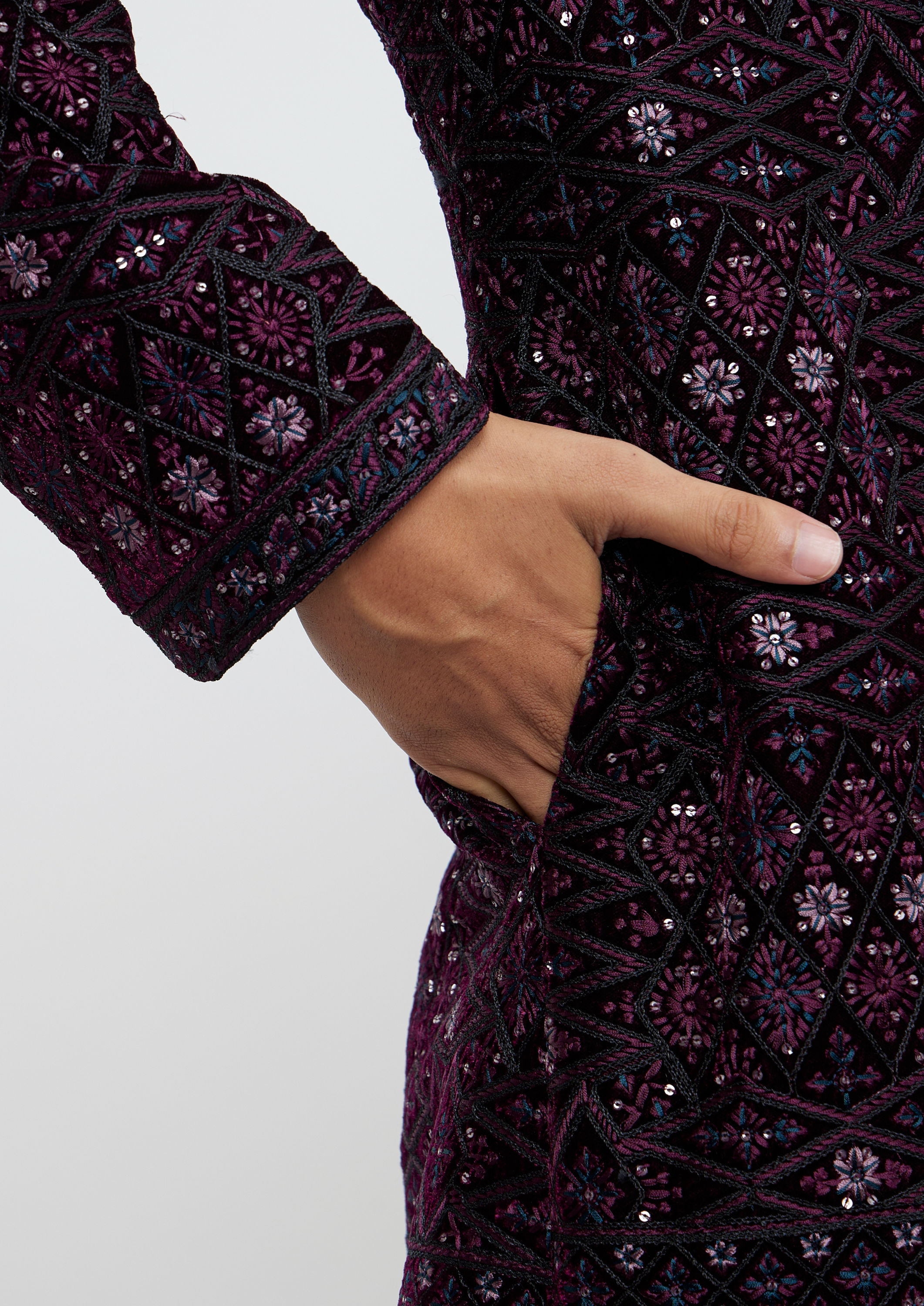 Twamev Men Wine Red Sherwani Set with Geometric Patterns and Rhinestones