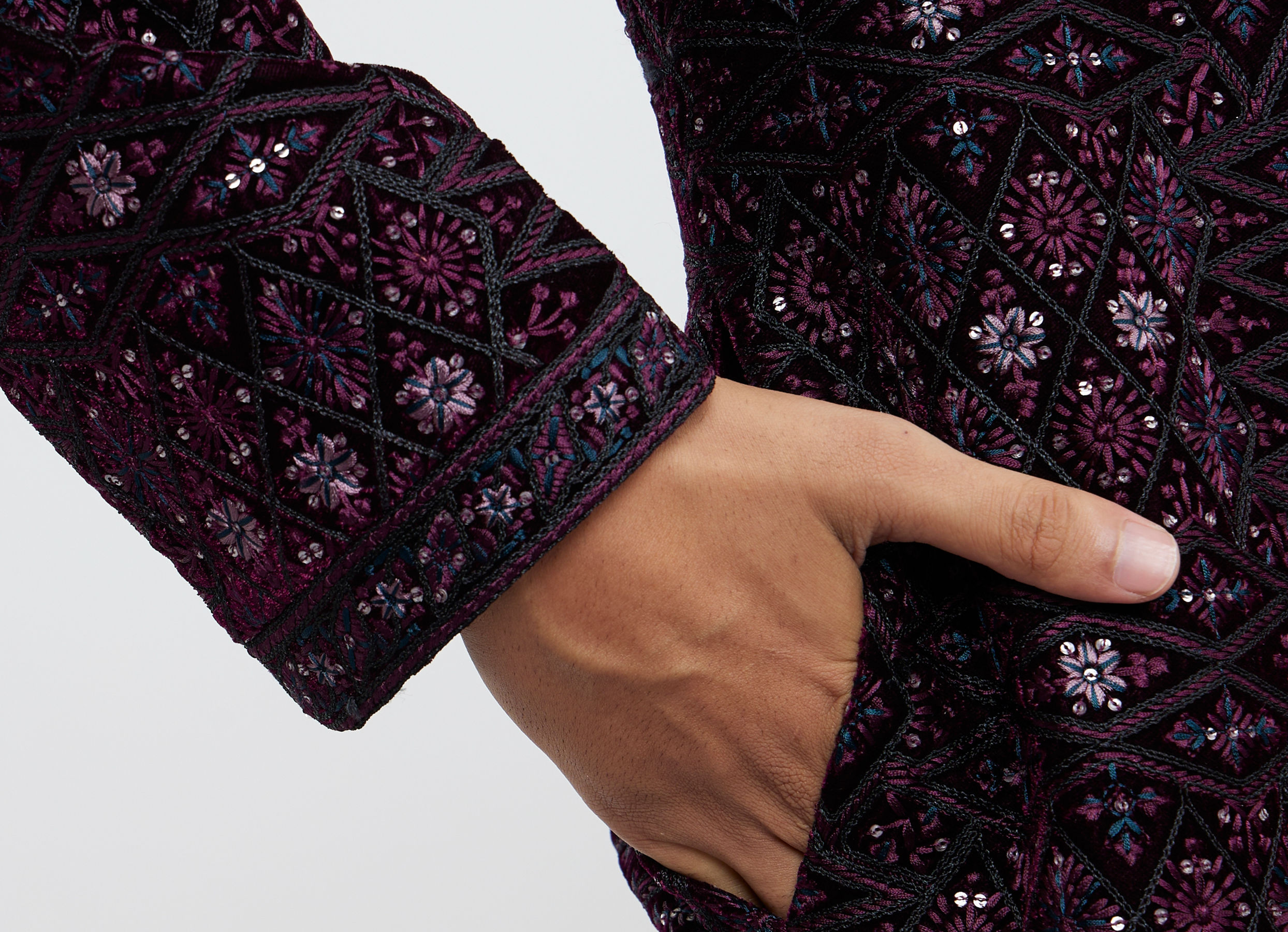 Twamev Men Wine Red Sherwani Set with Geometric Patterns and Rhinestones