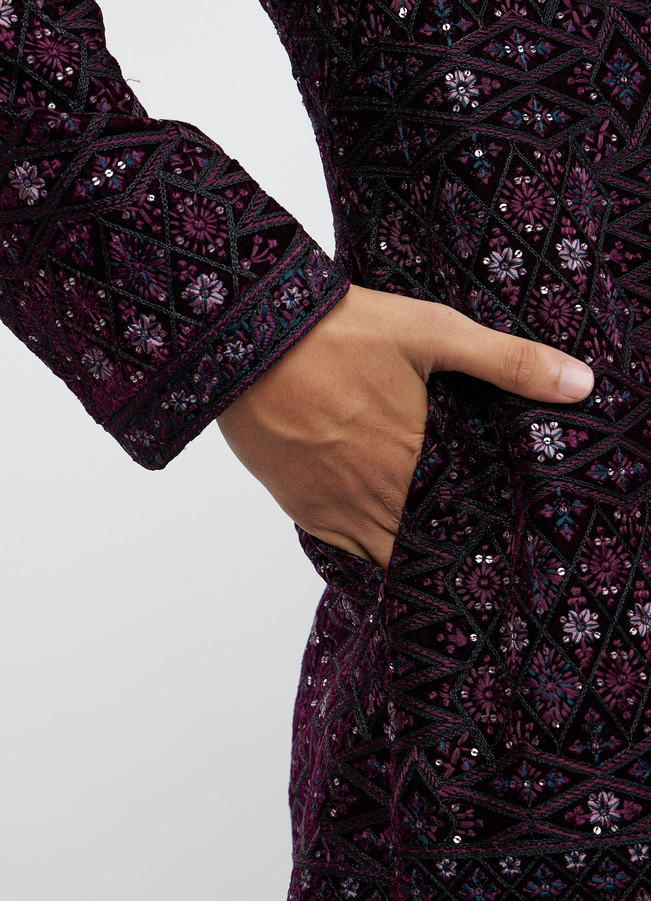 Twamev Men Wine Red Sherwani Set with Geometric Patterns and Rhinestones