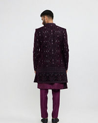 Twamev Men Wine Red Sherwani Set with Geometric Patterns and Rhinestones