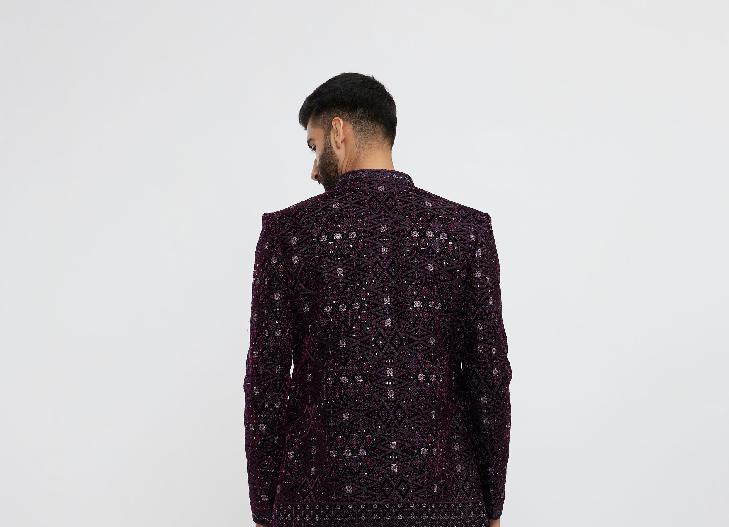 Twamev Men Wine Red Sherwani Set with Geometric Patterns and Rhinestones