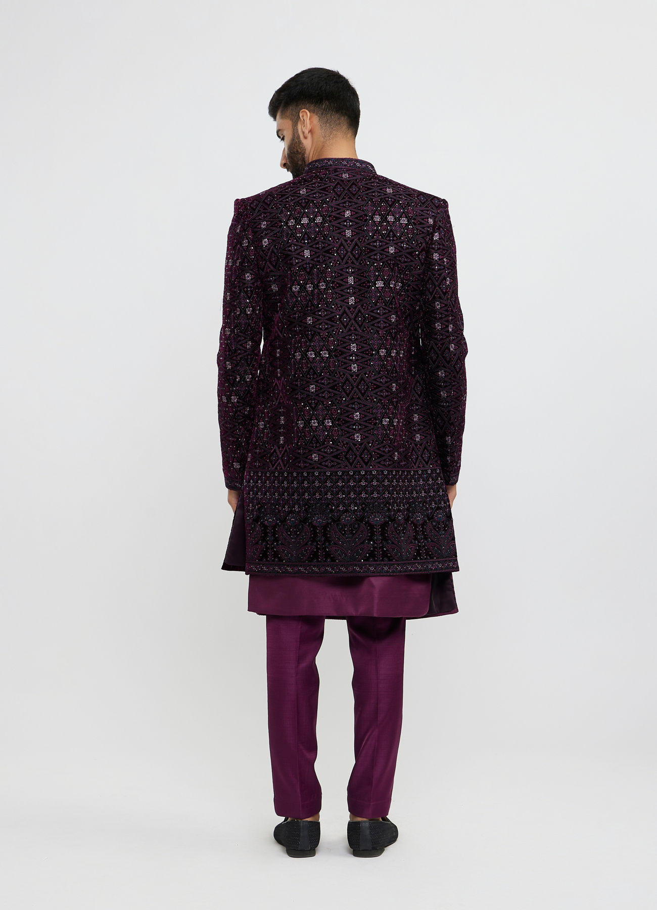 Twamev Men Wine Red Sherwani Set with Geometric Patterns and Rhinestones