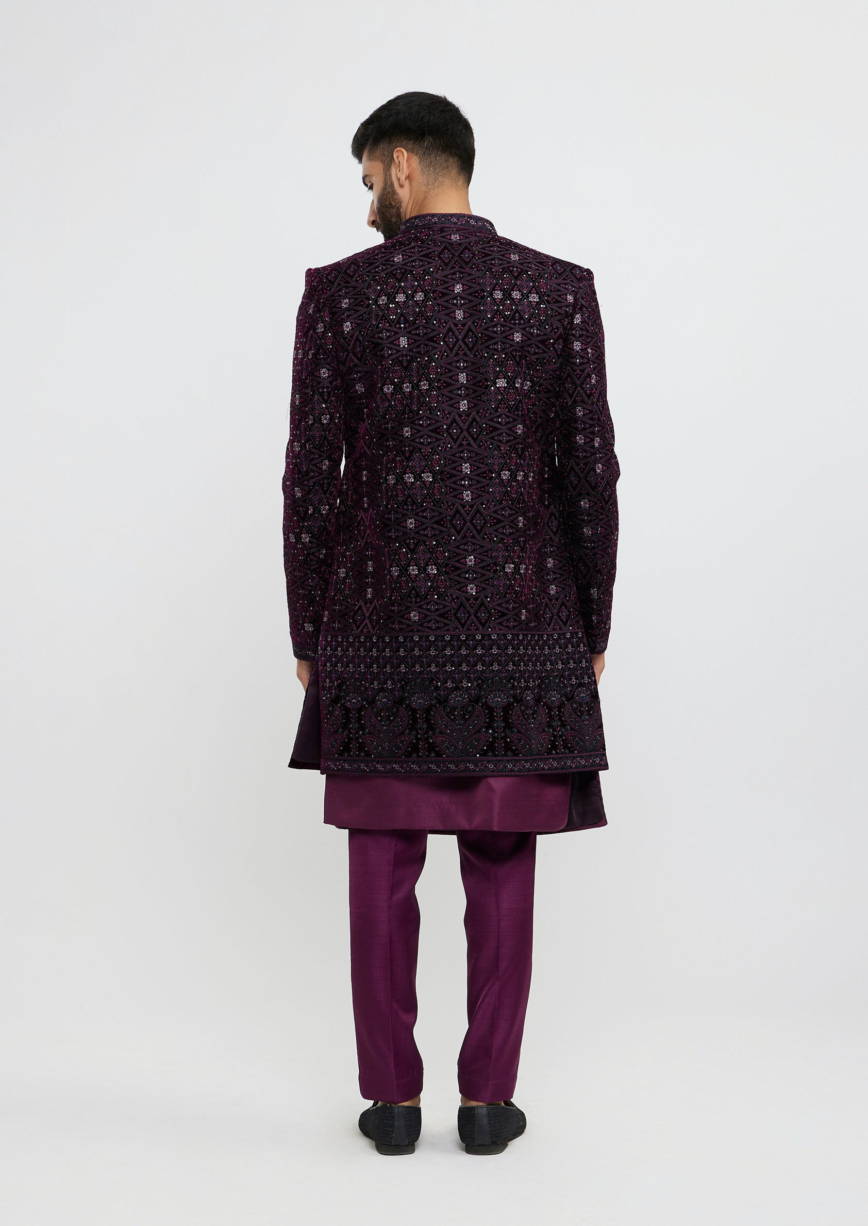Twamev Men Wine Red Sherwani Set with Geometric Patterns and Rhinestones