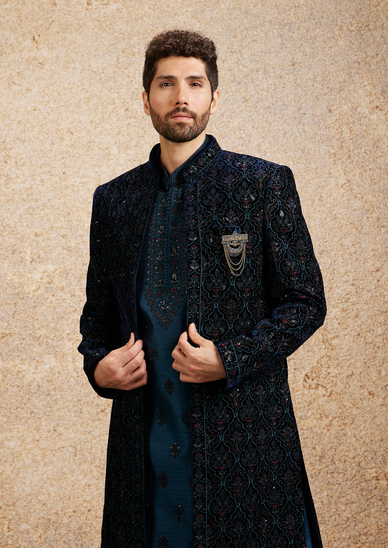 alt message - Twamev Men Dark Blue Self Patterned Indo-Western Set image number 0