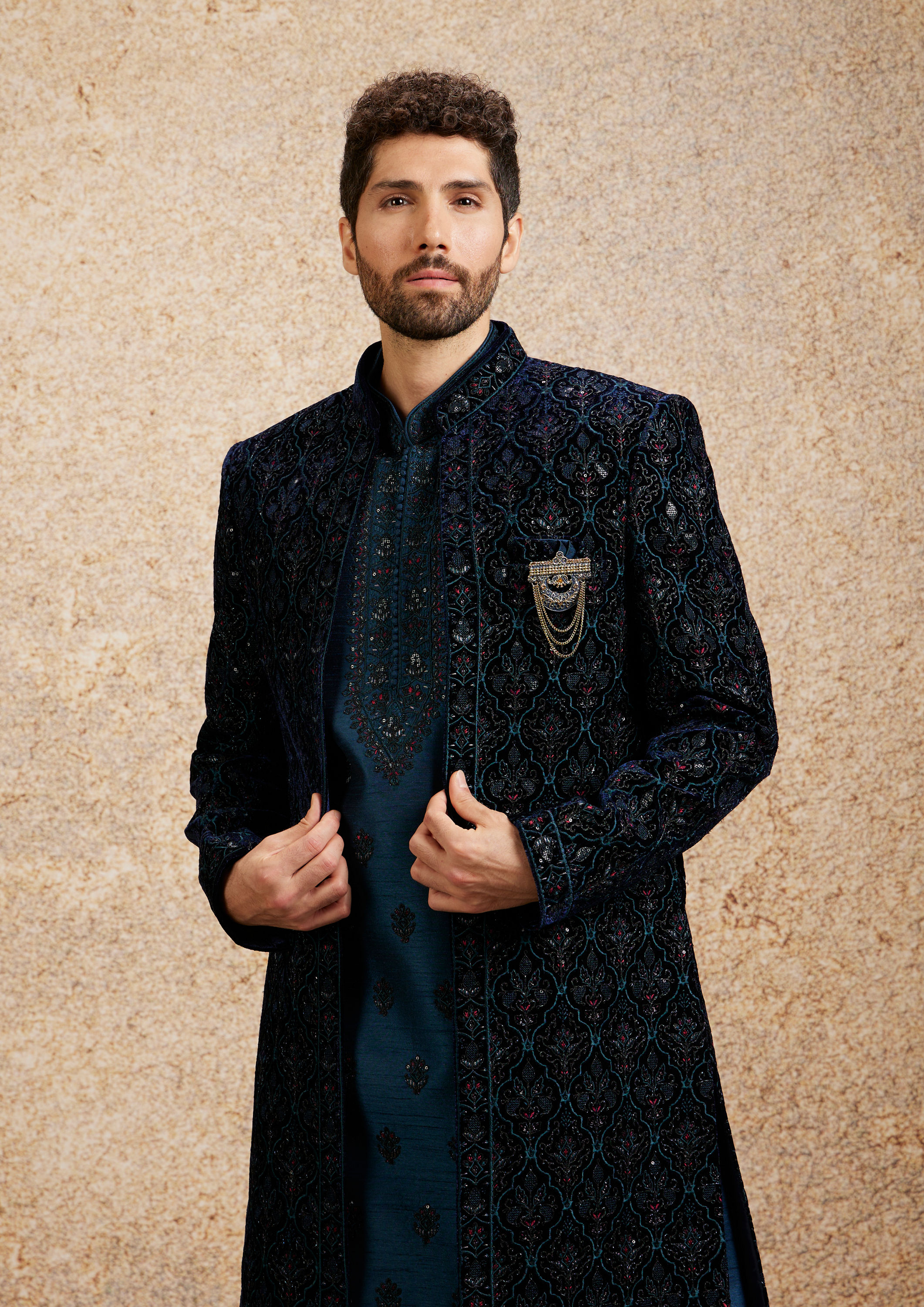 Twamev Men Dark Blue Self Patterned Indo-Western Set