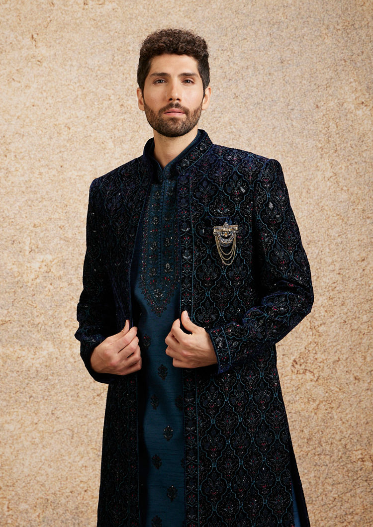 Twamev Men Dark Blue Self Patterned Indo-Western Set image number 0