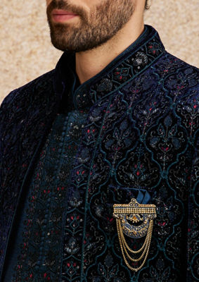 alt message - Twamev Men Dark Blue Self Patterned Indo-Western Set image number 1