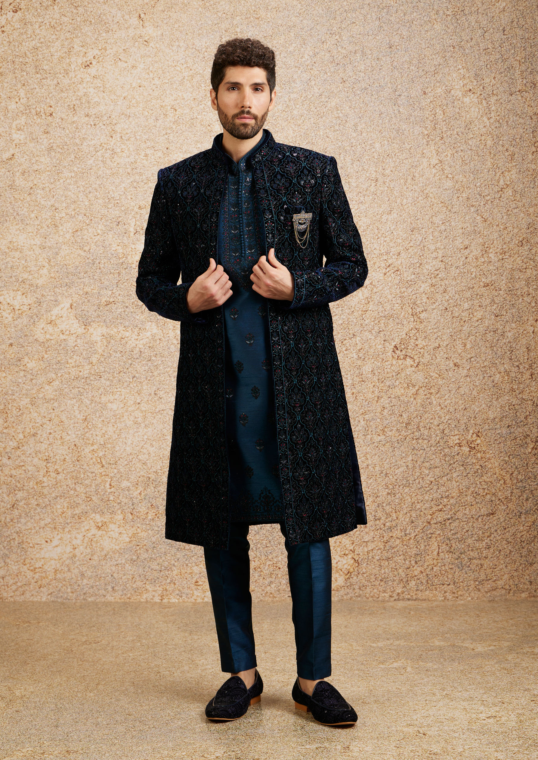 Twamev Men Dark Blue Self Patterned Indo-Western Set