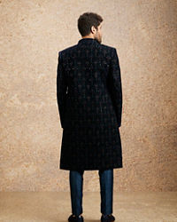 Twamev Men Dark Blue Self Patterned Indo-Western Set
