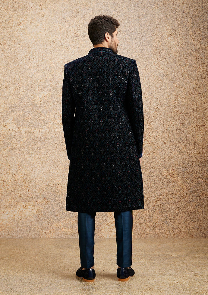 Twamev Men Dark Blue Self Patterned Indo-Western Set