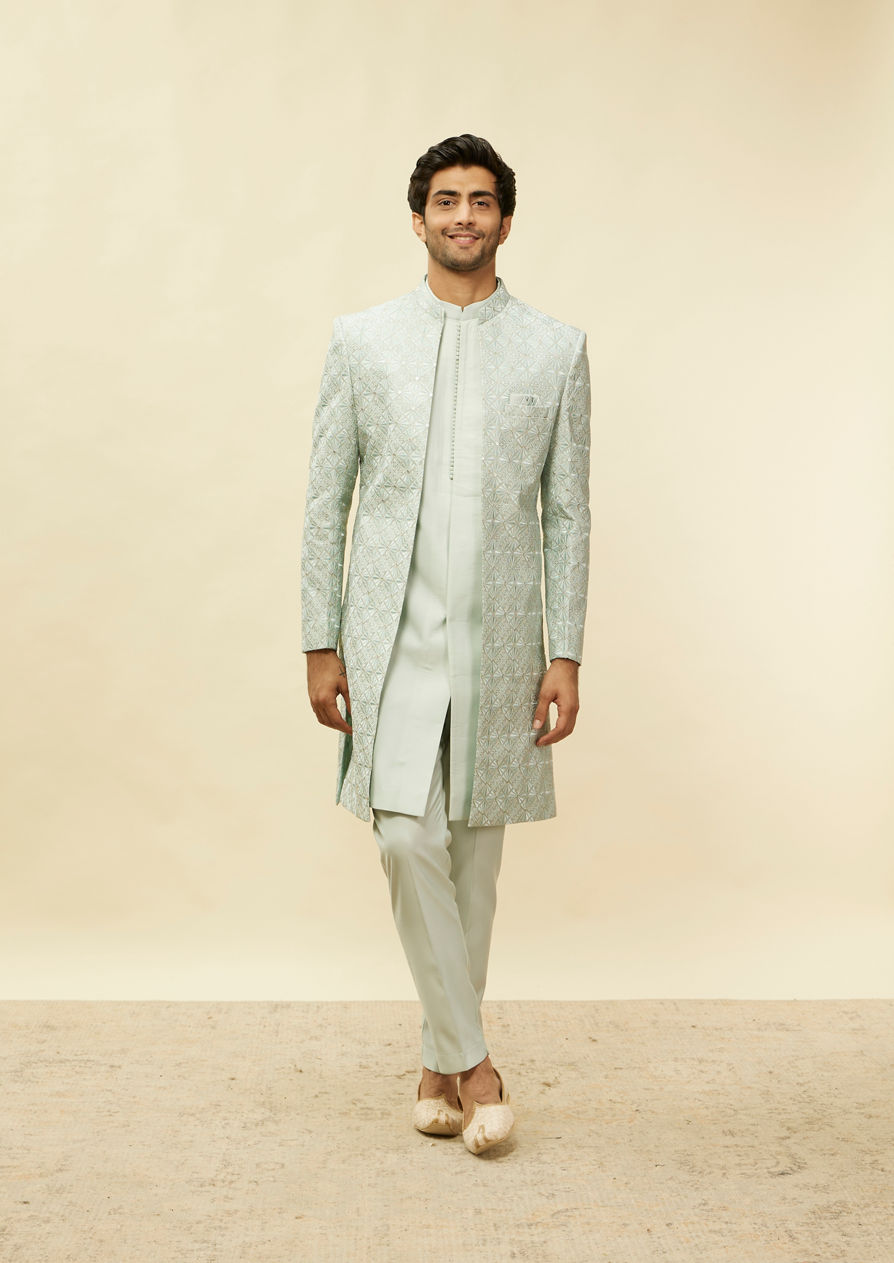 alt message - Twamev Men Light Blue Diamond Detailing Indo Western Set image number 2