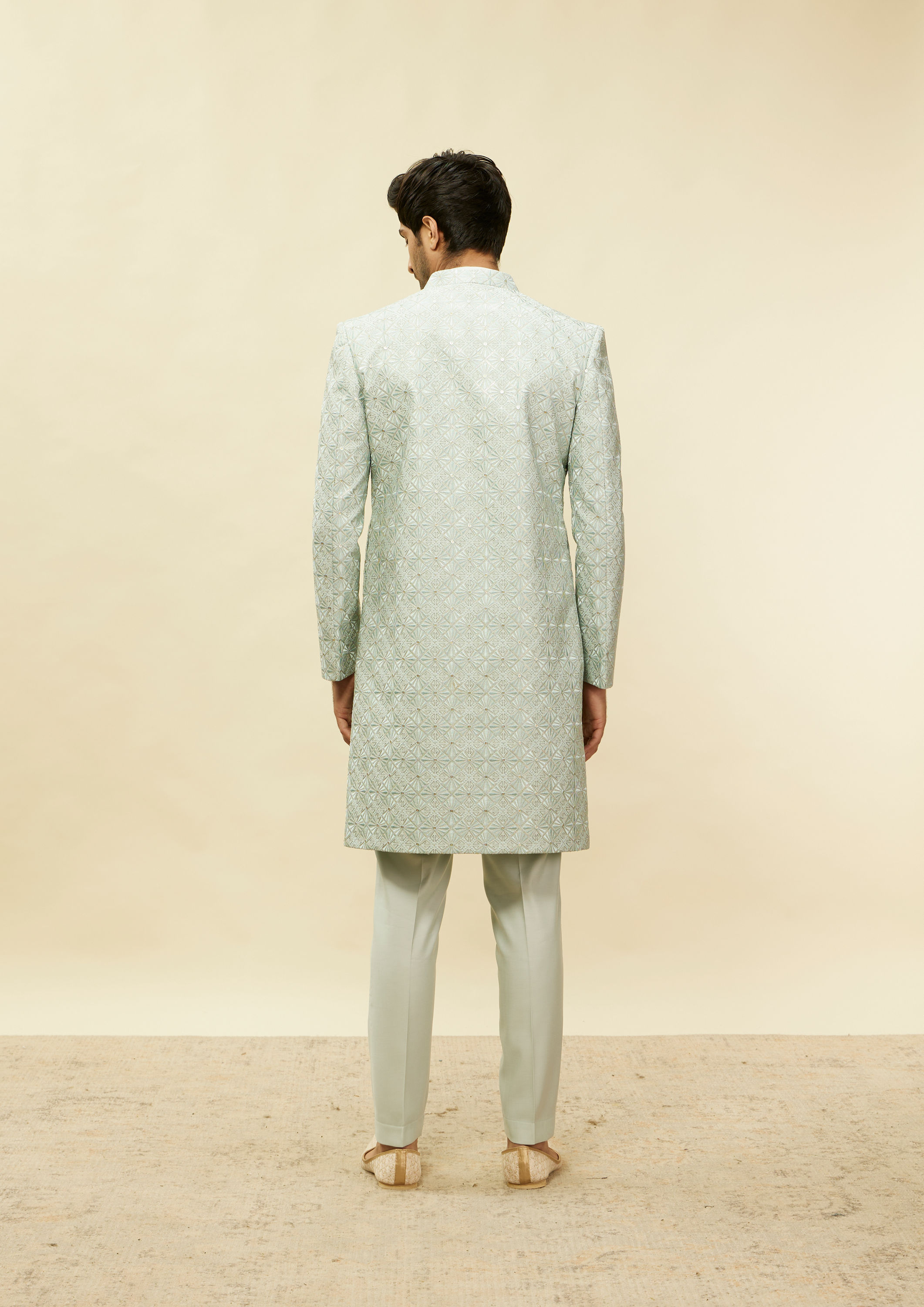 alt message - Twamev Men Light Blue Diamond Detailing Indo Western Set image number 3