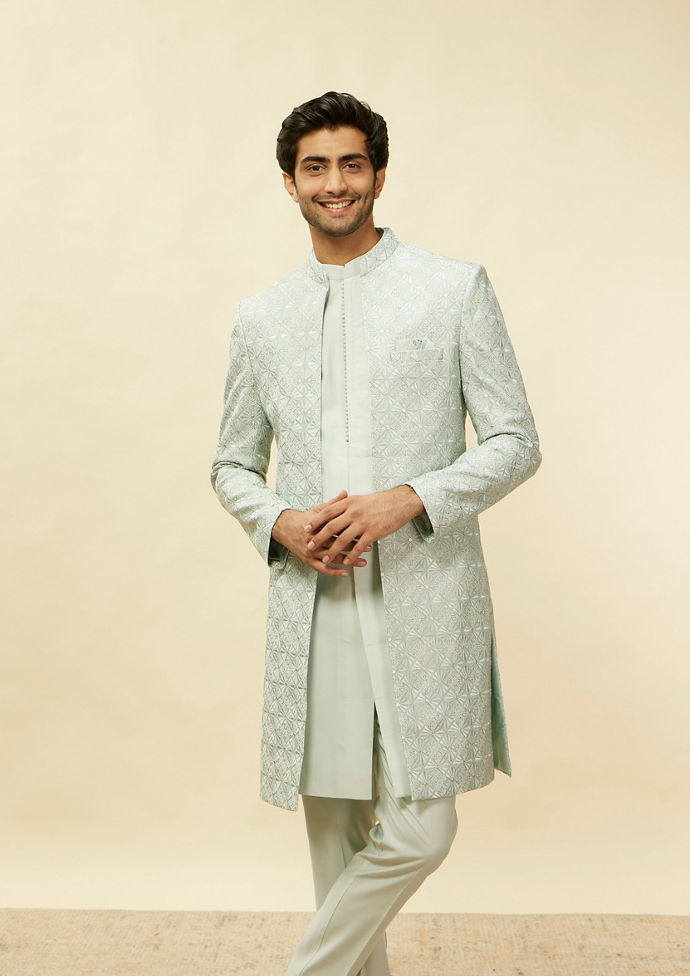 alt message - Twamev Men Light Blue Diamond Detailing Indo Western Set image number 0