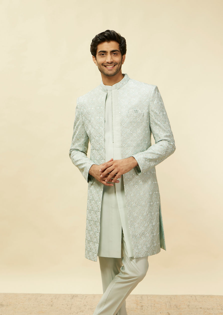 alt message - Twamev Men Light Blue Diamond Detailing Indo Western Set image number 0