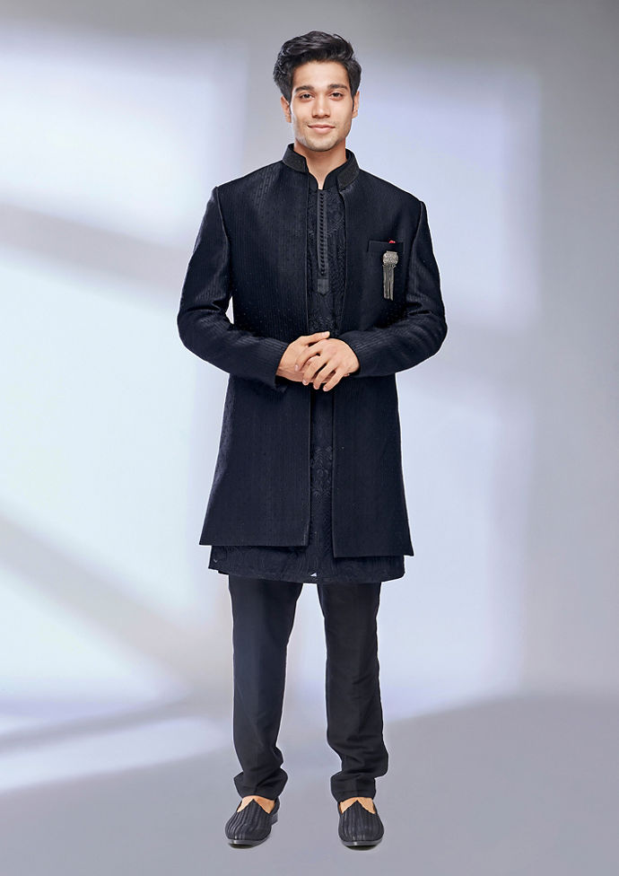 Twamev Men Ebony Black Floral Paisley Patterned Indo Western Set