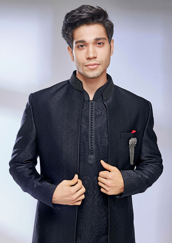 Twamev Men Ebony Black Floral Paisley Patterned Indo Western Set