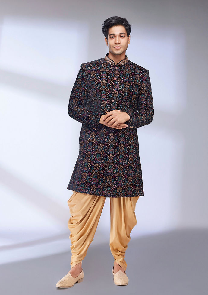 Twamev Men Kohl Black Floral Embroidered Indo Western Set