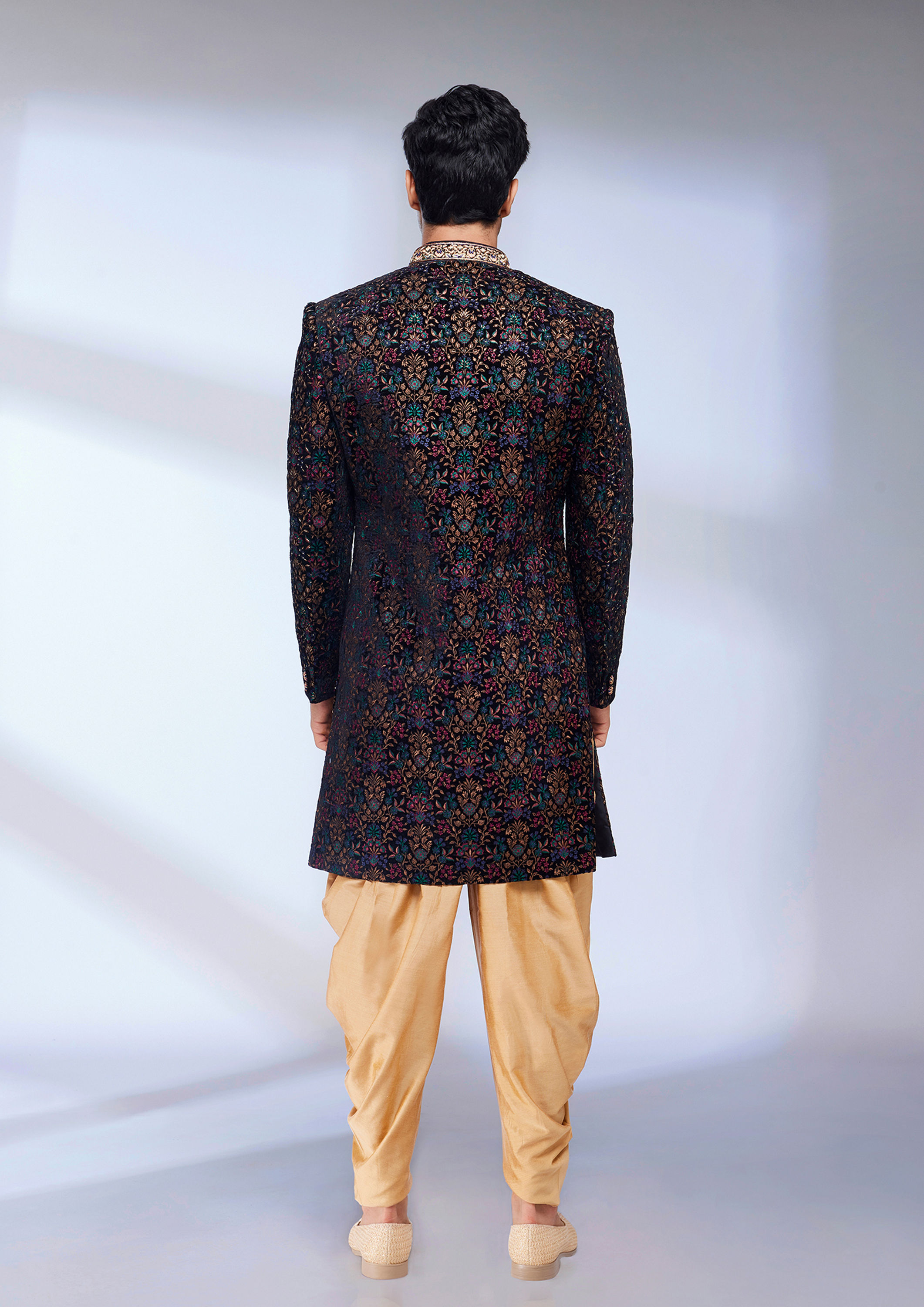 Twamev Men Kohl Black Floral Embroidered Indo Western Set