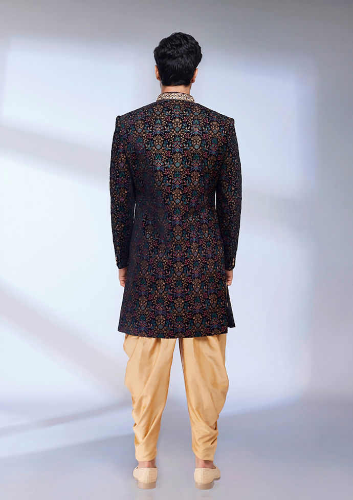 Twamev Men Kohl Black Floral Embroidered Indo Western Set