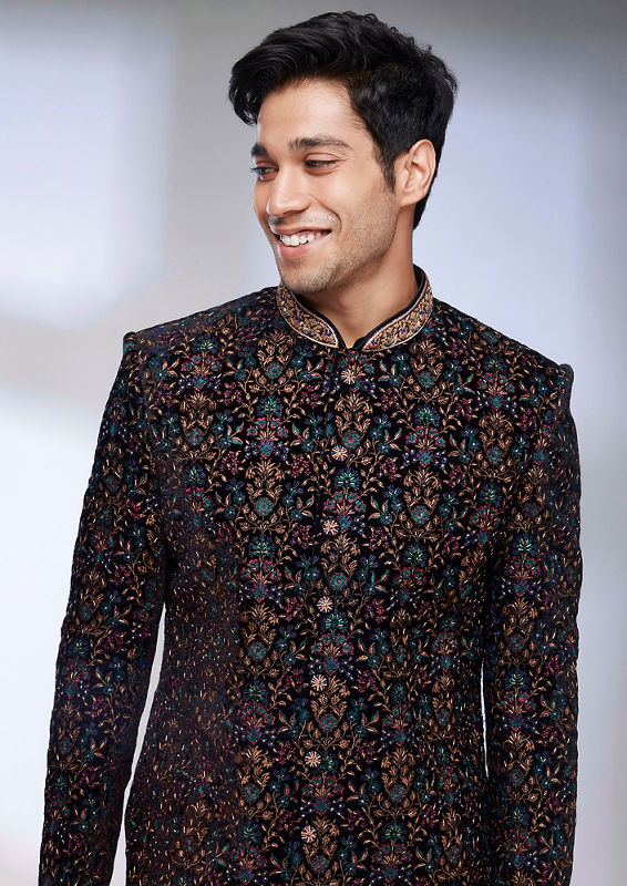 Twamev Men Kohl Black Floral Embroidered Indo Western Set