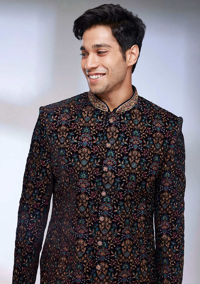 Twamev Men Kohl Black Floral Embroidered Indo Western Set