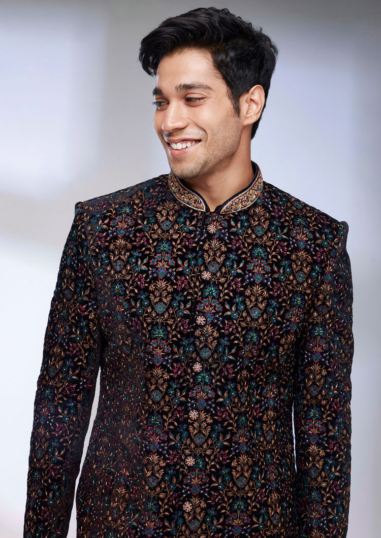 Twamev Men Kohl Black Floral Embroidered Indo Western Set