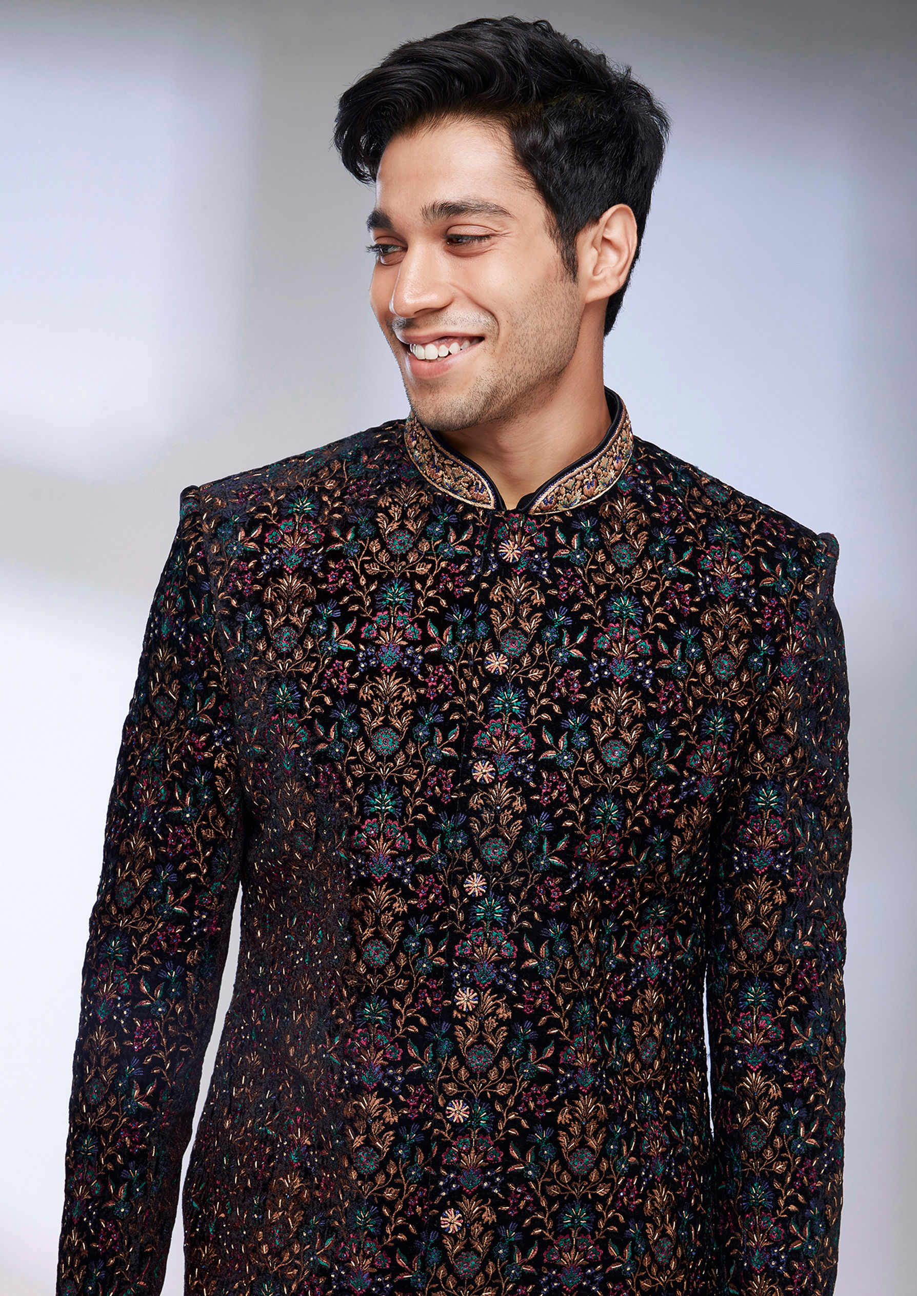 Twamev Men Kohl Black Floral Embroidered Indo Western Set